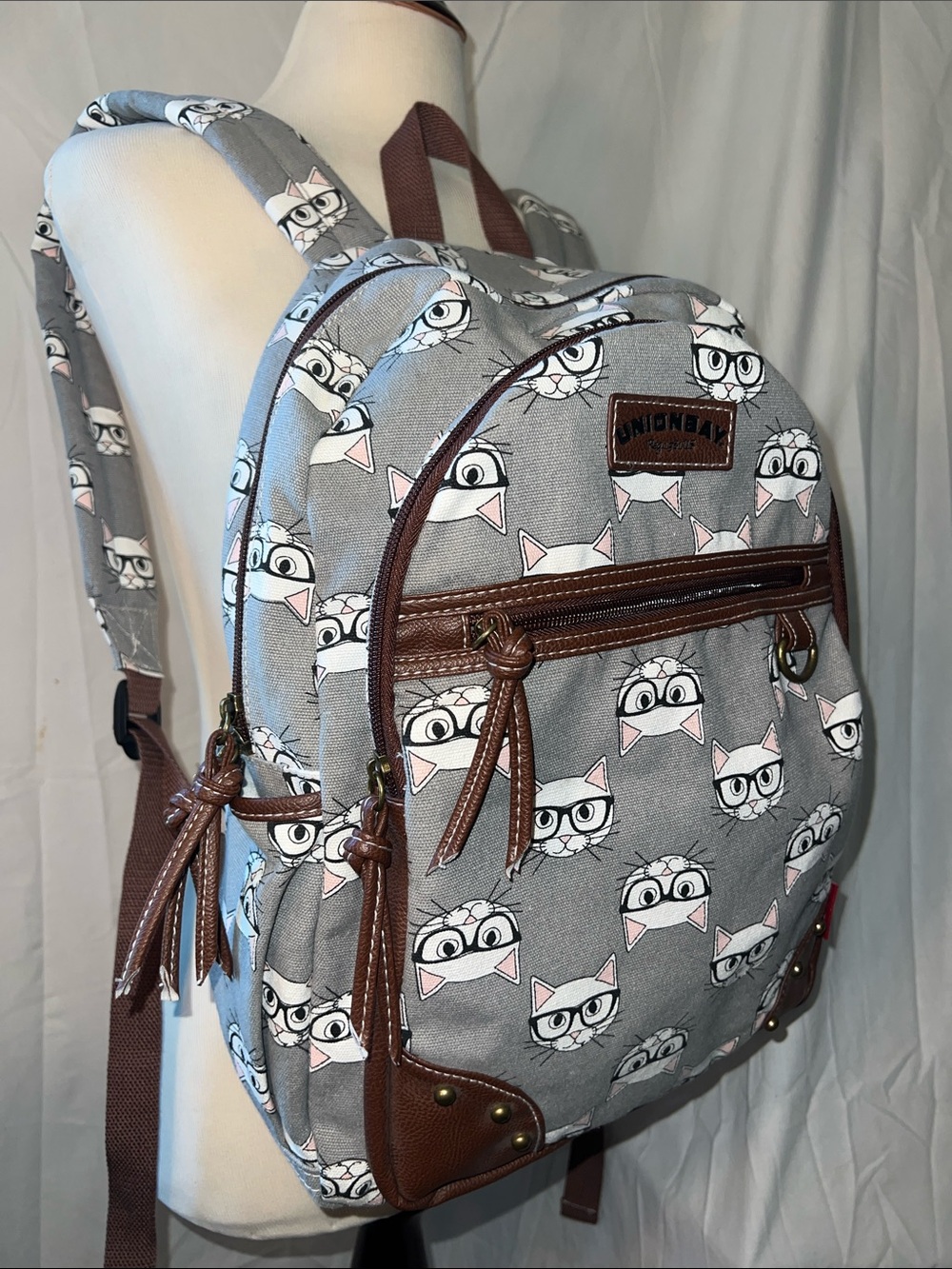 UNIONBAY Gray Cat Print Backpack with Brown Trim
